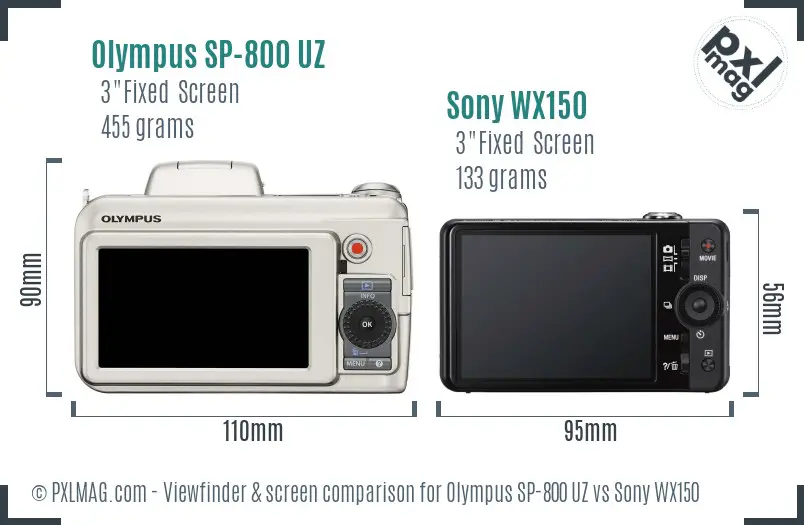 Olympus SP-800 UZ vs Sony WX150 Screen and Viewfinder comparison