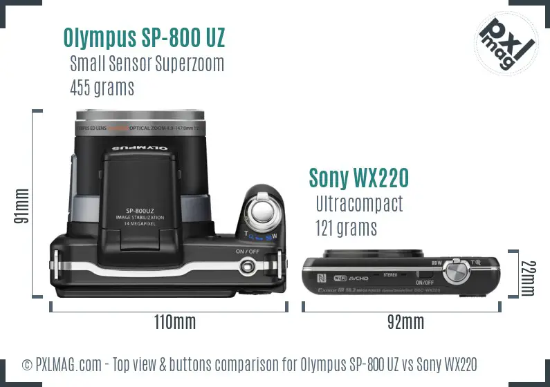 Olympus SP-800 UZ vs Sony WX220 top view buttons comparison