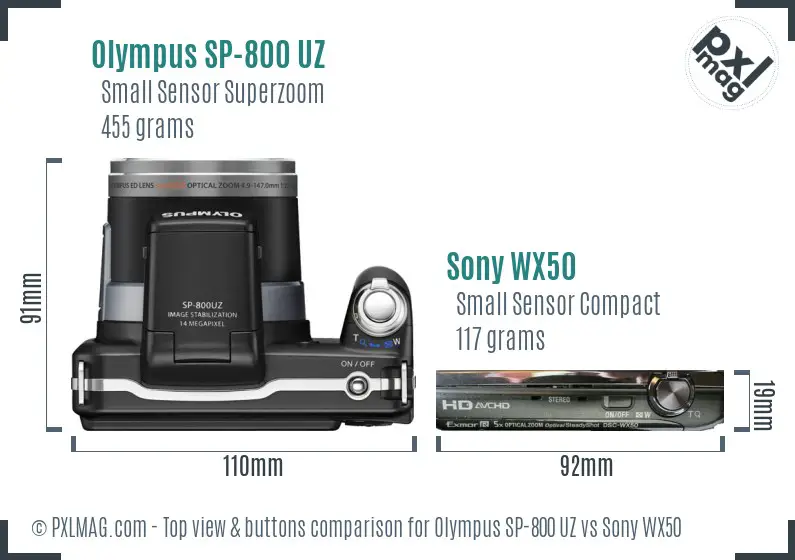 Olympus SP-800 UZ vs Sony WX50 top view buttons comparison