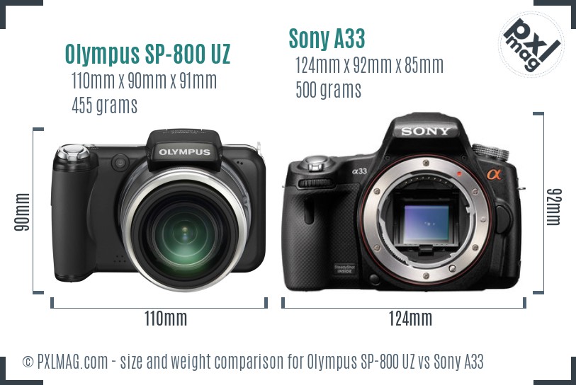 Olympus SP-800 UZ vs Sony A33 size comparison