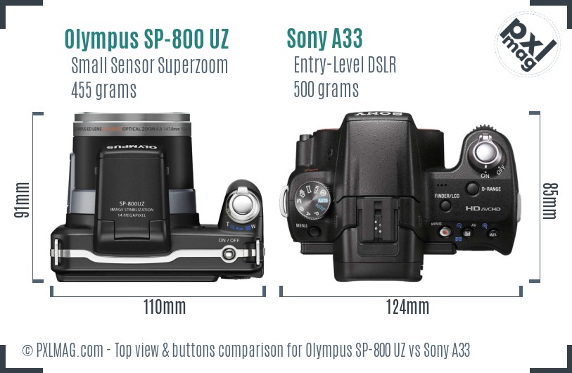 Olympus SP-800 UZ vs Sony A33 top view buttons comparison