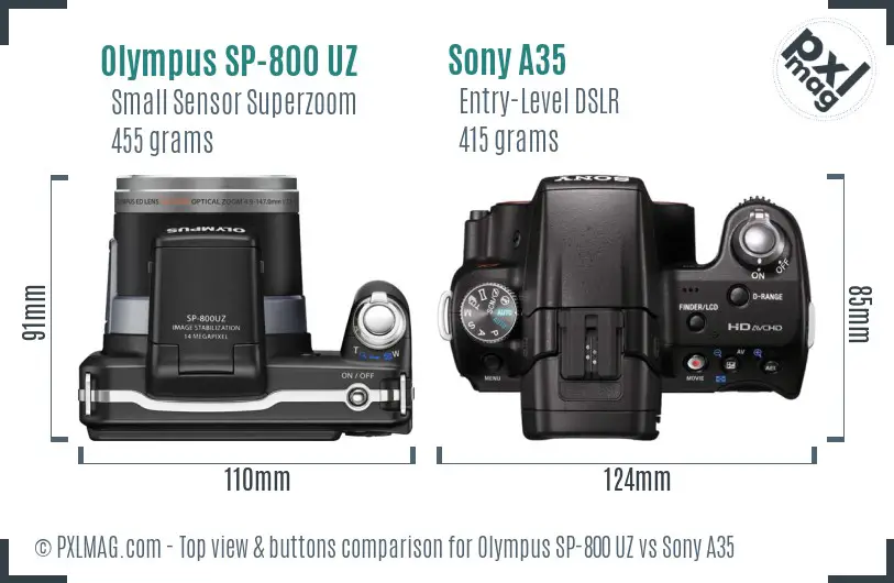 Olympus SP-800 UZ vs Sony A35 top view buttons comparison