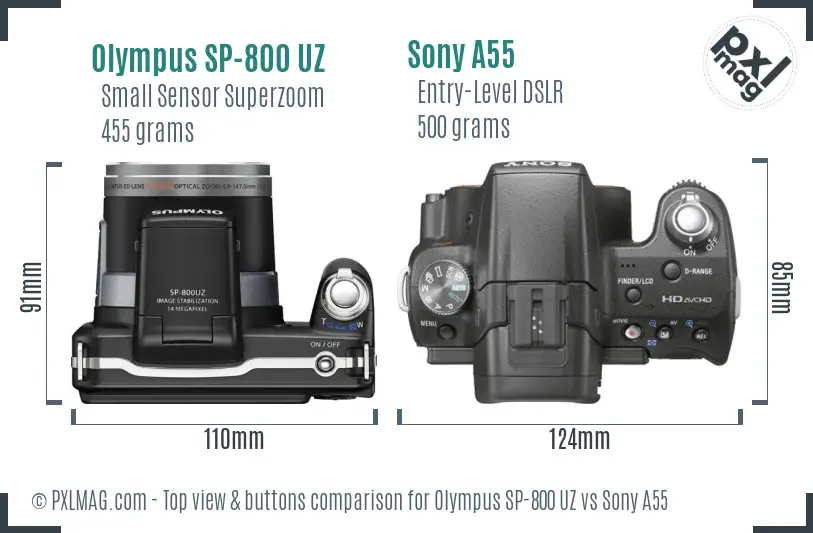 Olympus SP-800 UZ vs Sony A55 top view buttons comparison