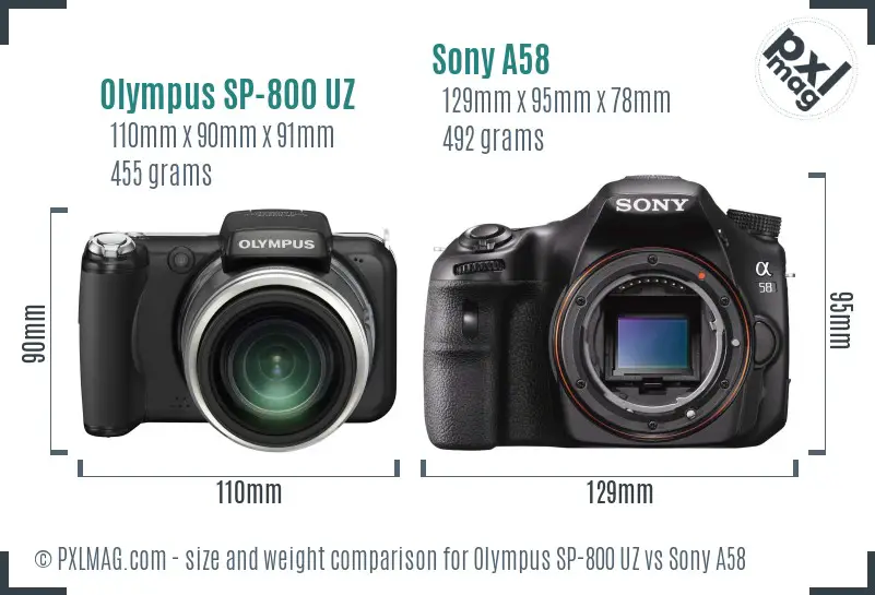 Olympus SP-800 UZ vs Sony A58 size comparison Olympus SP-800 UZ vs Sony A58 size comparison