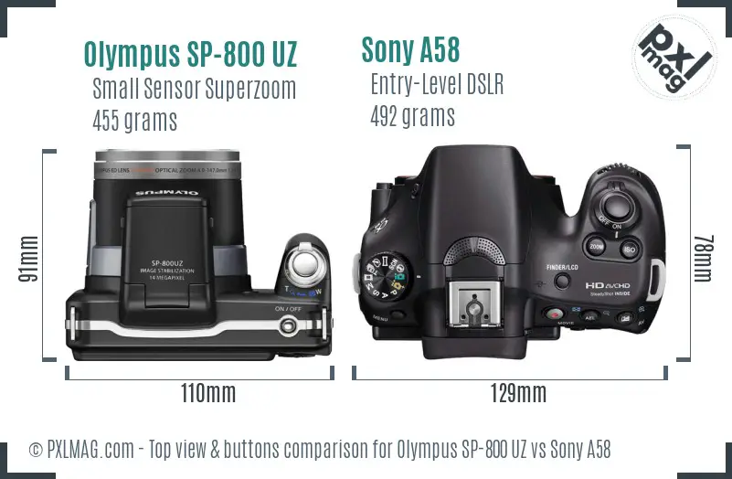 Olympus SP-800 UZ vs Sony A58 top view buttons comparison Olympus SP-800 UZ vs Sony A58 top view buttons comparison