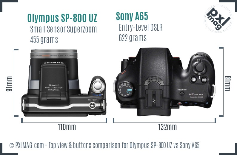 Olympus SP-800 UZ vs Sony A65 top view buttons comparison