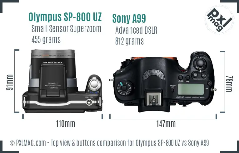 Olympus SP-800 UZ vs Sony A99 top view buttons comparison Olympus SP-800 UZ vs Sony A99 top view buttons comparison