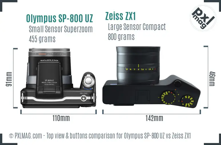 Olympus SP-800 UZ vs Zeiss ZX1 top view buttons comparison Olympus SP-800 UZ vs Zeiss ZX1 top view buttons comparison