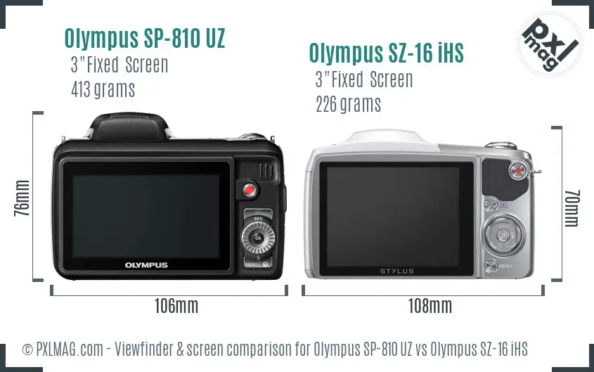 Olympus SP-810 UZ vs Olympus SZ-16 iHS Screen and Viewfinder comparison