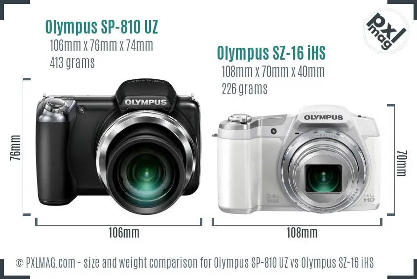 Olympus SP-810 UZ vs Olympus SZ-16 iHS size comparison