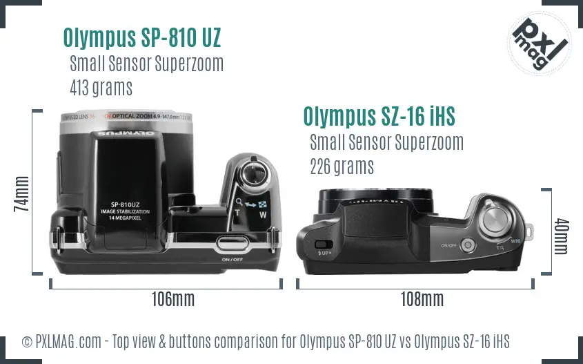 Olympus SP-810 UZ vs Olympus SZ-16 iHS top view buttons comparison