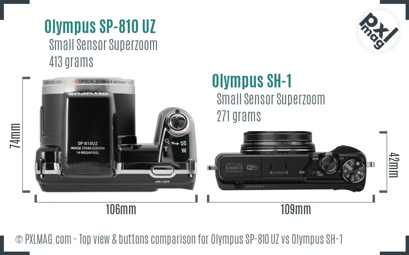 Olympus SP-810 UZ vs Olympus SH-1 top view buttons comparison