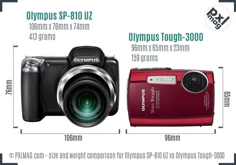 Olympus SP-810 UZ vs Olympus Tough-3000 size comparison