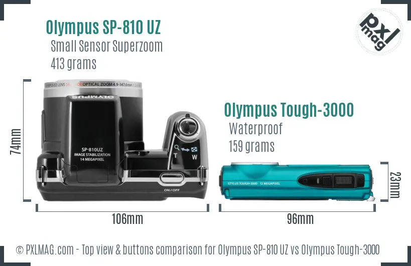 Olympus SP-810 UZ vs Olympus Tough-3000 top view buttons comparison