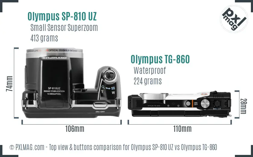 Olympus SP-810 UZ vs Olympus TG-860 top view buttons comparison