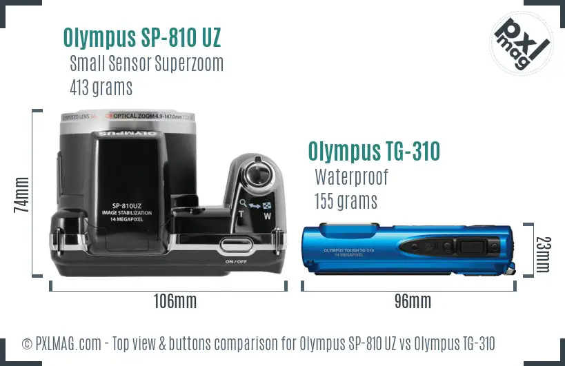 Olympus SP-810 UZ vs Olympus TG-310 top view buttons comparison