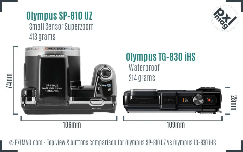 Olympus SP-810 UZ vs Olympus TG-830 iHS top view buttons comparison
