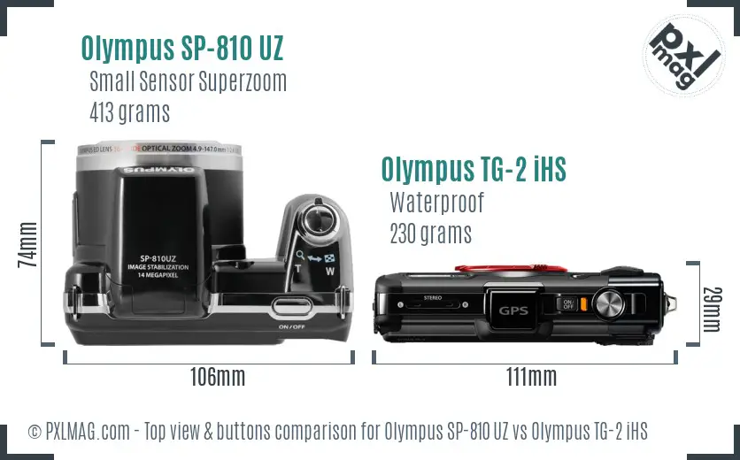 Olympus SP-810 UZ vs Olympus TG-2 iHS top view buttons comparison