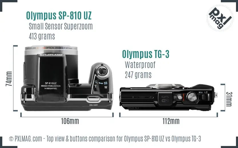 Olympus SP-810 UZ vs Olympus TG-3 top view buttons comparison