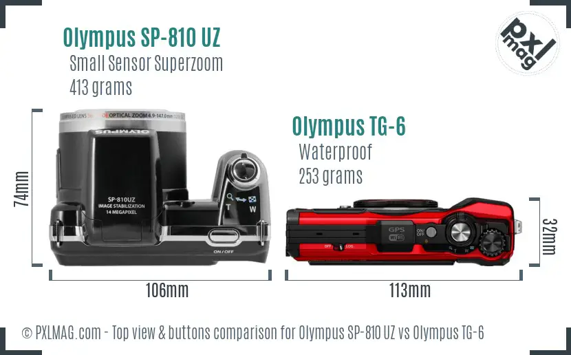 Olympus SP-810 UZ vs Olympus TG-6 top view buttons comparison