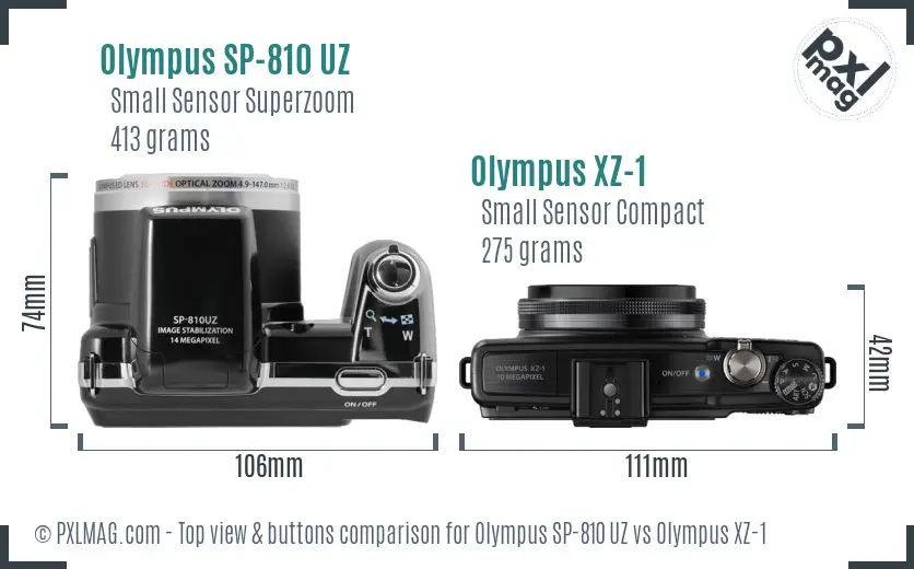 Olympus SP-810 UZ vs Olympus XZ-1 top view buttons comparison