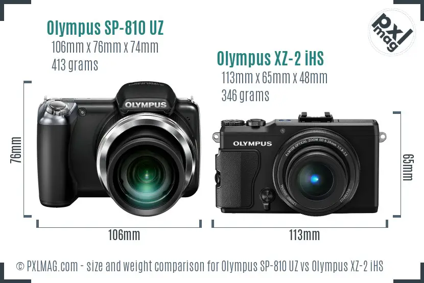 Olympus SP-810 UZ vs Olympus XZ-2 iHS size comparison