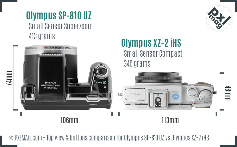 Olympus SP-810 UZ vs Olympus XZ-2 iHS top view buttons comparison
