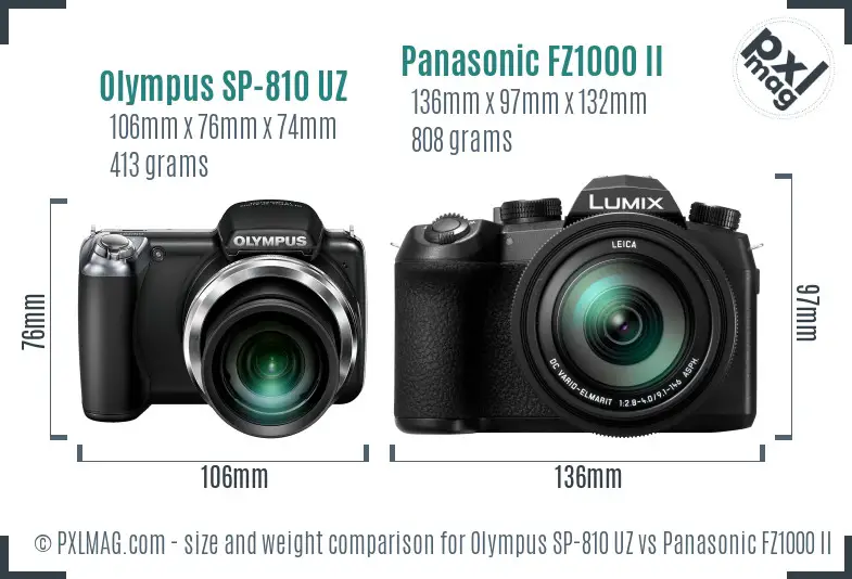 Olympus SP-810 UZ vs Panasonic FZ1000 II size comparison