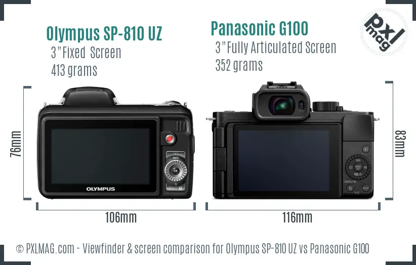 Olympus SP-810 UZ vs Panasonic G100 Screen and Viewfinder comparison