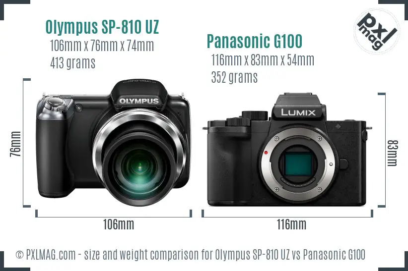 Olympus SP-810 UZ vs Panasonic G100 size comparison