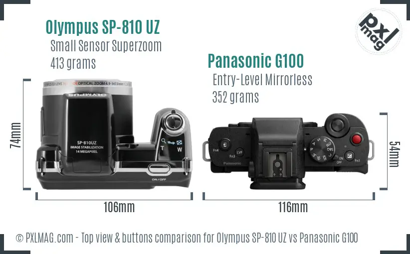 Olympus SP-810 UZ vs Panasonic G100 top view buttons comparison