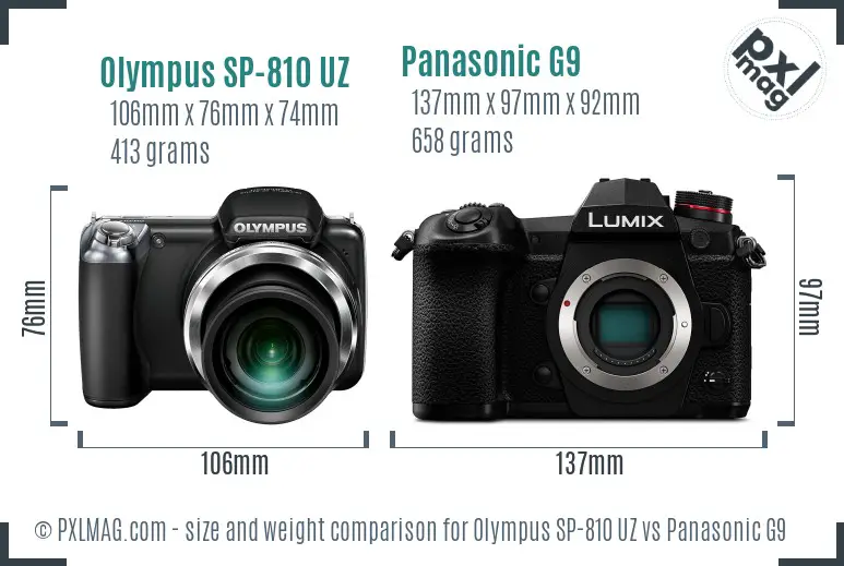 Olympus SP-810 UZ vs Panasonic G9 size comparison
