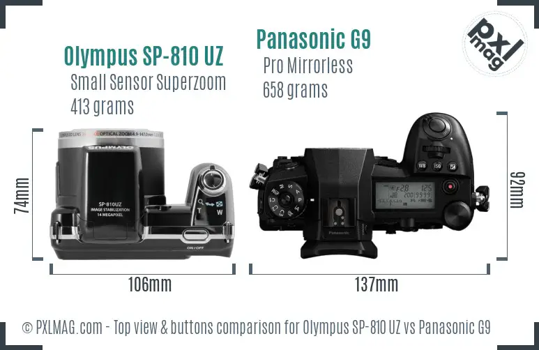 Olympus SP-810 UZ vs Panasonic G9 top view buttons comparison