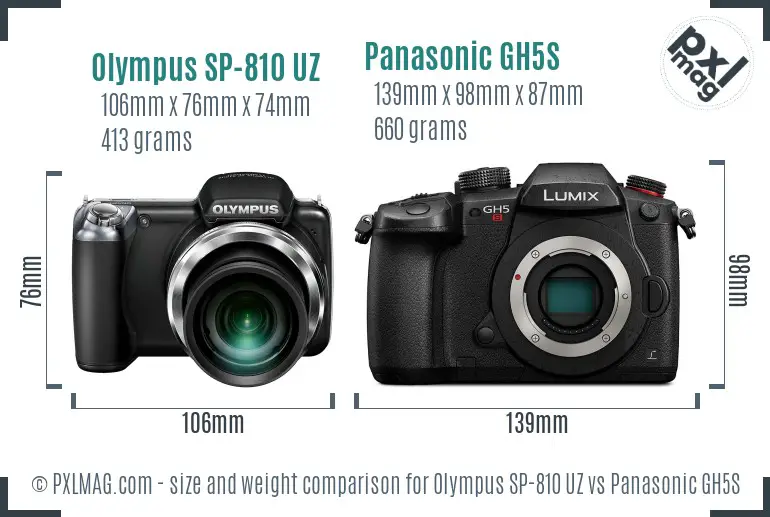 Olympus SP-810 UZ vs Panasonic GH5S size comparison