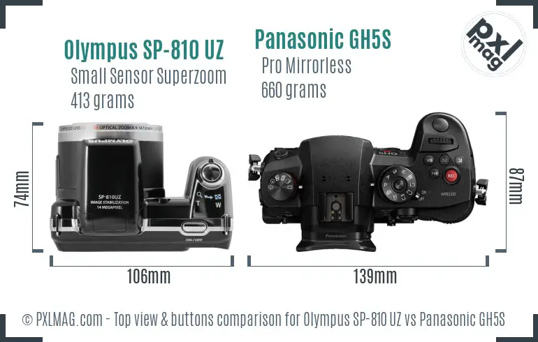 Olympus SP-810 UZ vs Panasonic GH5S top view buttons comparison