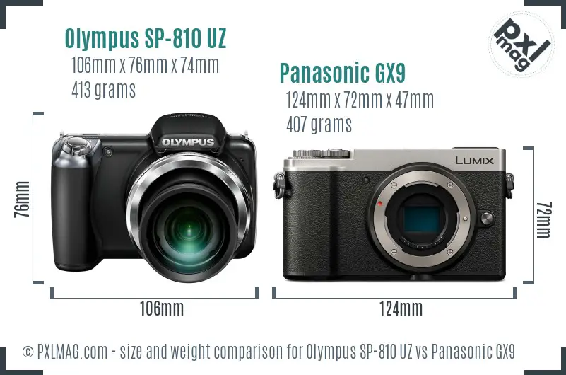 Olympus SP-810 UZ vs Panasonic GX9 size comparison