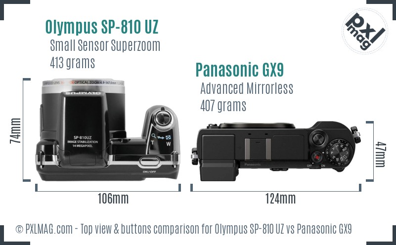 Olympus SP-810 UZ vs Panasonic GX9 top view buttons comparison