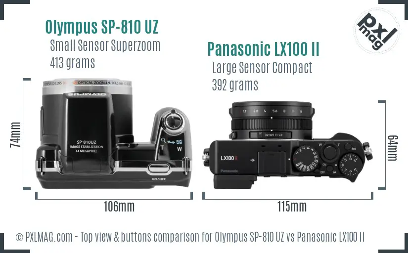 Olympus SP-810 UZ vs Panasonic LX100 II top view buttons comparison