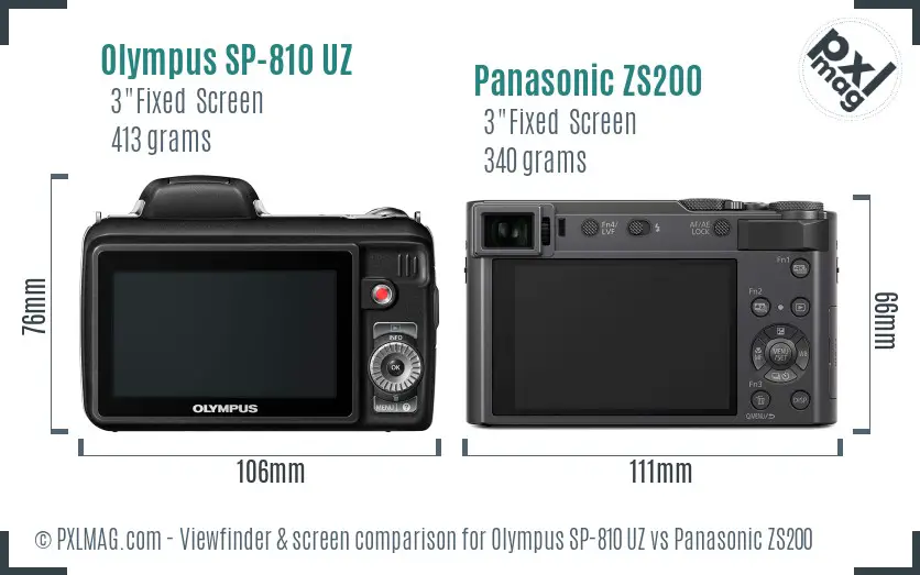 Olympus SP-810 UZ vs Panasonic ZS200 Screen and Viewfinder comparison