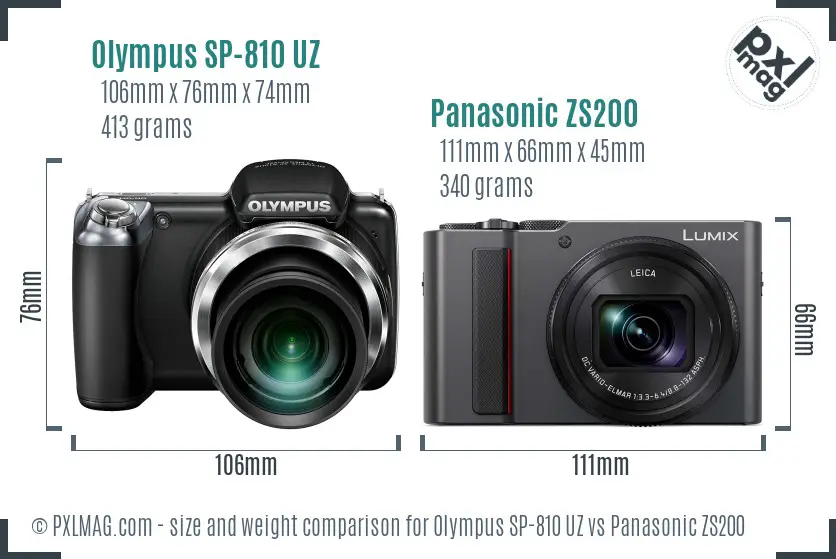 Olympus SP-810 UZ vs Panasonic ZS200 size comparison