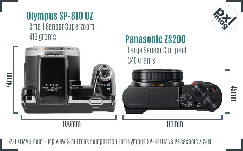 Olympus SP-810 UZ vs Panasonic ZS200 top view buttons comparison