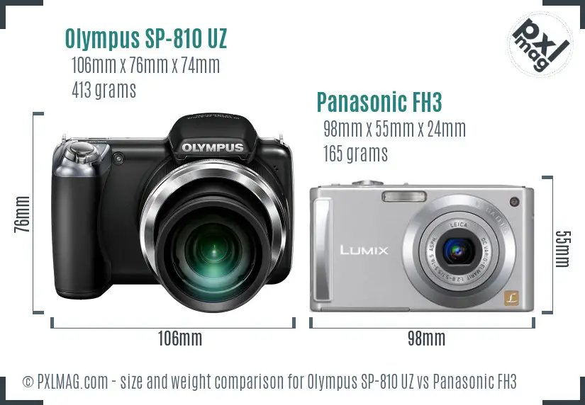 Olympus SP-810 UZ vs Panasonic FH3 size comparison