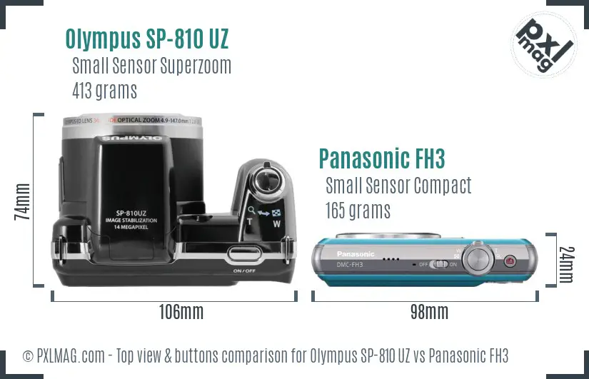 Olympus SP-810 UZ vs Panasonic FH3 top view buttons comparison