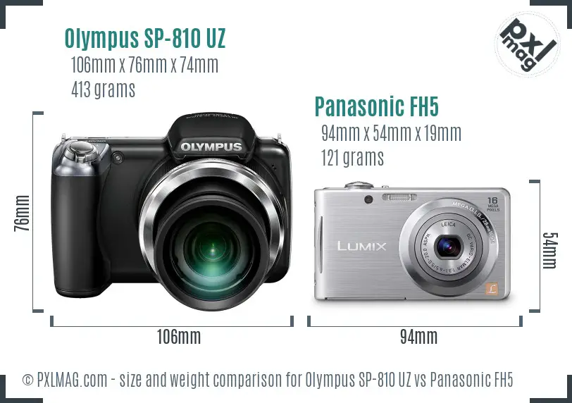 Olympus SP-810 UZ vs Panasonic FH5 size comparison