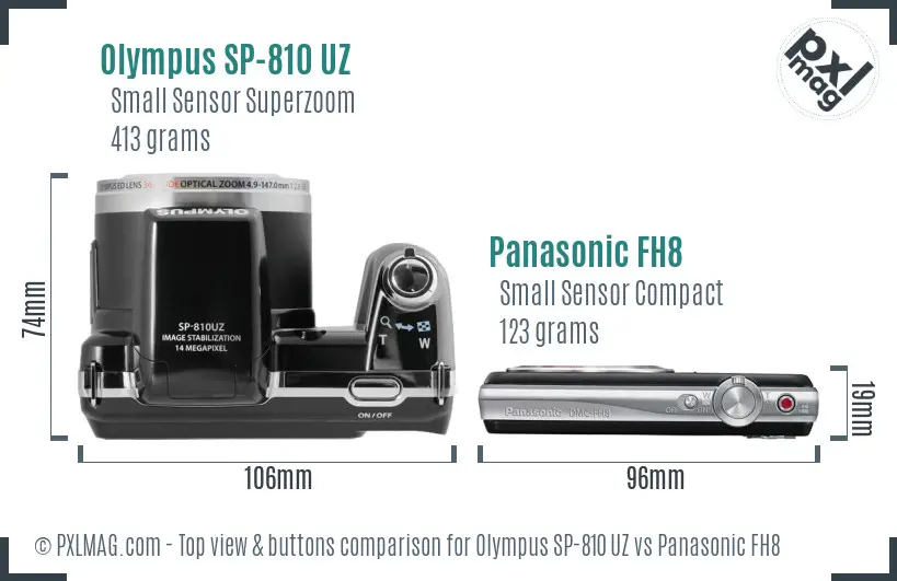 Olympus SP-810 UZ vs Panasonic FH8 top view buttons comparison