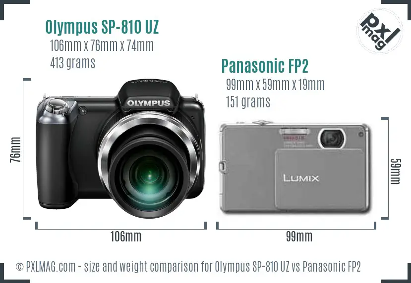 Olympus SP-810 UZ vs Panasonic FP2 size comparison