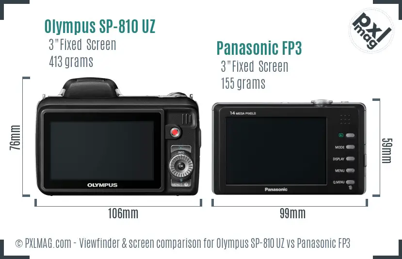 Olympus SP-810 UZ vs Panasonic FP3 Screen and Viewfinder comparison