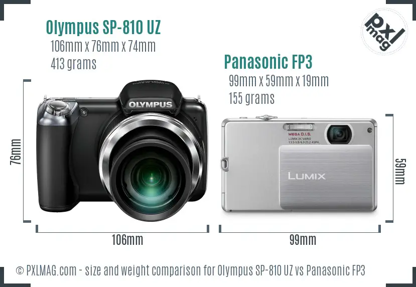 Olympus SP-810 UZ vs Panasonic FP3 size comparison