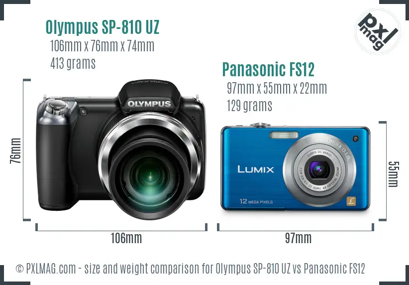 Olympus SP-810 UZ vs Panasonic FS12 size comparison