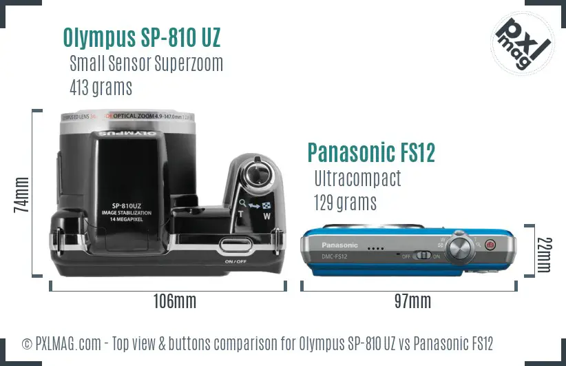 Olympus SP-810 UZ vs Panasonic FS12 top view buttons comparison